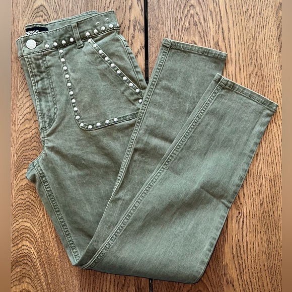 Express High Rise Studded Skinny Jeans Olive Green size 4S 4C - Picture 4 of 10